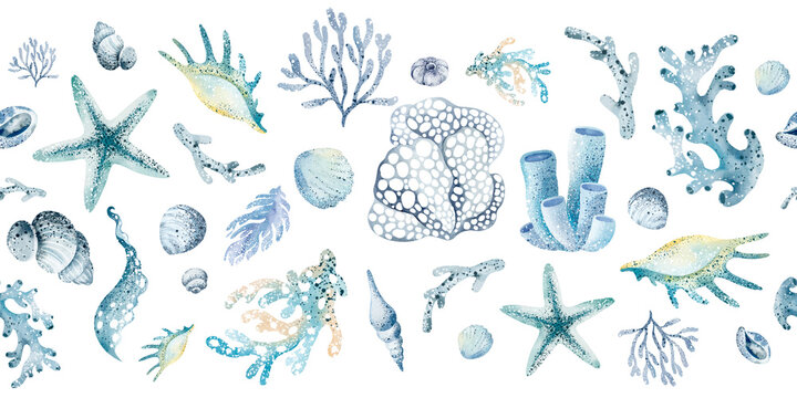 Underwater cartoon seamless border in blue tones. Watercolor Various sea elements on a white background. Hand drawn nautical design.