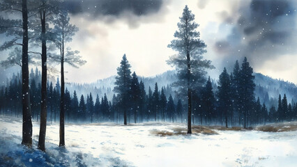 Winter landscape with dark forest during snowfall in the style of watercolor painting