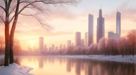 Winter landscape with a lake in the park of a modern city with high-rise buildings in the evening during sunset