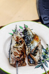 mackerel kebab on the outdoor grill .style rustic