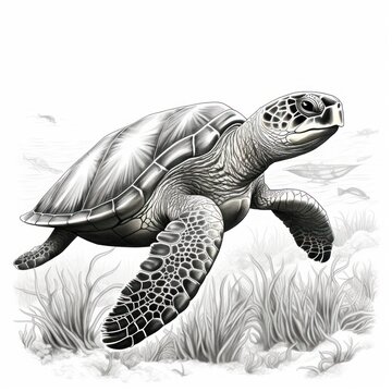 Vintage Olive Ridley Turtle Engraving on White Background, Inspired by 19th Century Illustrations