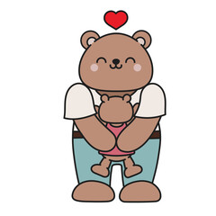 Cute cartoon bear hugging cub, brown bear. kawaii