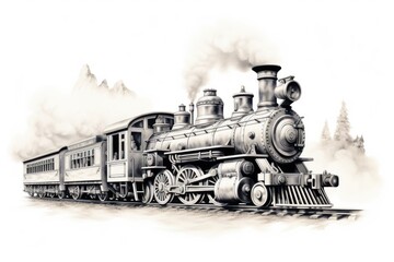 White background hosts vintage steam locomotive engraving. - obrazy, fototapety, plakaty