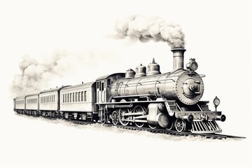 Retro Steam Locomotive Engraving on White - 668783840