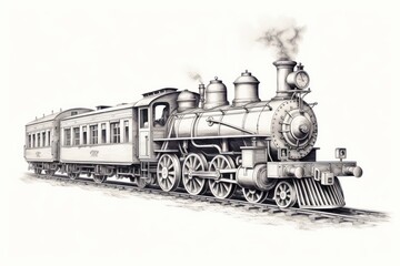 Retro steam train engraving on white background.