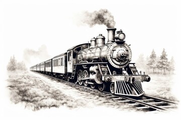 Engraved Retro Steam Locomotive on White - 668783850
