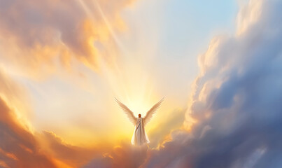 A shining angel with wings in the sky during sunrise or sunset