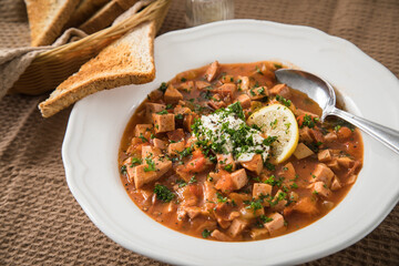 Ost Deutsche DDR GDR Soljanka Eintopf Suppe mit Jagdwurst, Saure Gurken, Letscho, Schmand, Zitrone, Toast und Petersilie mit Löffel, Salzstreuer und braun Stoff Hintergrund