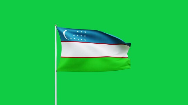 Uzbekistan flag waving in the wind on green screen background. 3d rendering, Digital animation footage for video content, social media, reels etc. High quality 4K resolution