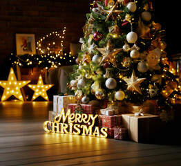 Sapin de Noël pour l'année 2023 avec cadeaux au pieds dans une ambiance chaleureuse - obrazy, fototapety, plakaty