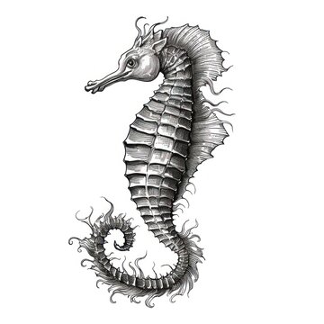Vintage-style Seahorse Engraving on White Background - 1800s-inspired Illustration