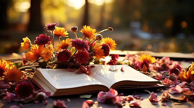 An open book and a bouquet of flowers in the garden on a table on a sunny day