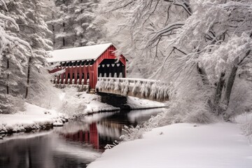 Wintry Bridge amidst Snowy Paradise - obrazy, fototapety, plakaty