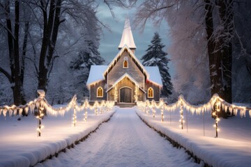 Christmas Eve at Snowy Church: Candlelit Service - obrazy, fototapety, plakaty