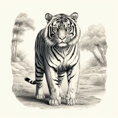 Fototapeta premium Vintage-style South China Tiger engraving on white background, reminiscent of 1800s illustrations.