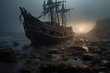 Foto op Canvas Misty coastline's eerie shipwreck © Morphart
