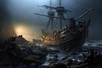 Misty coast's ghostly shipwreck.