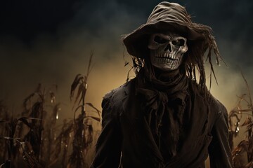 Obraz premium Moonlit cornfield spooks with scarecrow.