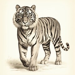 Vintage Engraving of Sumatran Tiger in 1800s Style on White Background.