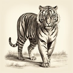 Vintage Sumatran Tiger Engraving - 1800s Style Illustration on White Background.