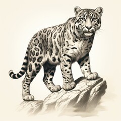 1800s-style engraving of Sunda Clouded Leopard on white.