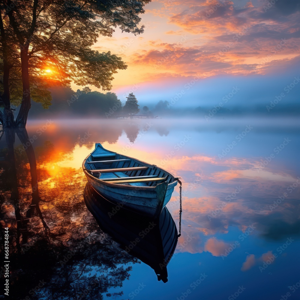 Poster serene misty morning sunrise on tranquil waters.