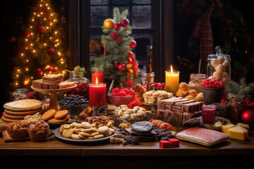 Naklejka na ściany i meble Thanksgiving Food and Dessert for party invitation, Christmas party celebration with dinner meal on table, Happy new year and Xmas scene, wooden table full of food and treats.
