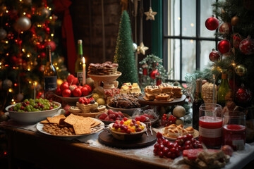 Thanksgiving Food and Dessert for party invitation, Christmas party celebration with dinner meal on table, Happy new year and Xmas scene, wooden table full of food and treats.