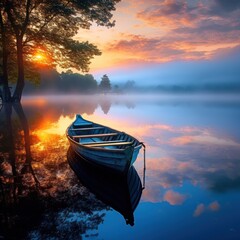 Serene misty morning sunrise on tranquil waters. - 668784844