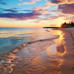 Serene sunset beach, reflecting vivid hues on water.