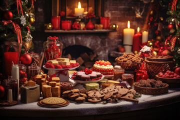 Obraz na płótnie Canvas Thanksgiving Food and Dessert for party invitation, Christmas party celebration with dinner meal on table, Happy new year and Xmas scene, wooden table full of food and treats.