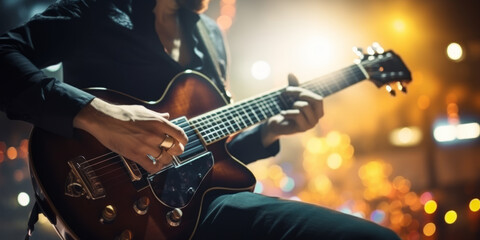 Obraz premium Guitarist on stage and sings in a concert for background, soft and blur concept.