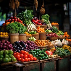 Fototapeta na wymiar Colorful produce on display at lively market stalls.