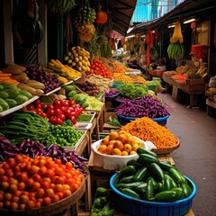 Fototapeta na wymiar Colorful fruits & vegetables on vibrant market stalls.