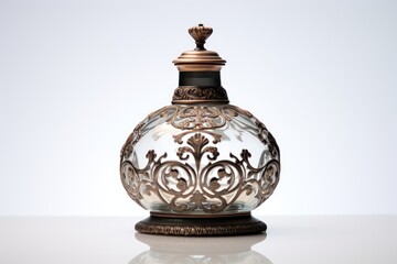 Engraved Victorian inkwell design on white background exudes antique charm.