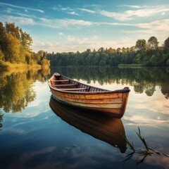 A serene lake embraces a wooden rowboat gently rocking.