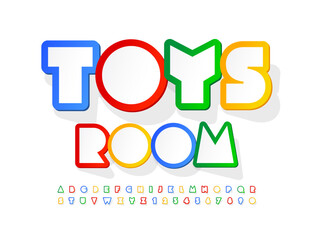 Vector colorful emblem Toys Room. Bright sticker Font. Creative Alphabet Letters and Numbers
