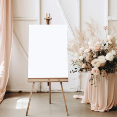 18 x 24 Vertical Blank White Wedding or Event Sign Mockup Mounted on a Wood Easel Surrounded by Boho Florals and Blush Pink Fabric  - obrazy, fototapety, plakaty