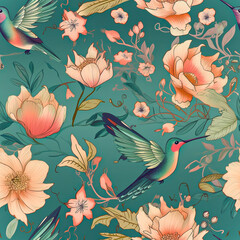 Tropical Harmony: A Floral and Bird Pattern,pattern with flowers and birds,Seamless Pattern Images