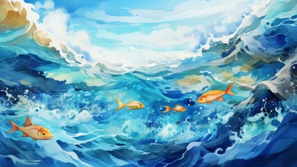 Abstract watercolor of underwater world in the sea: animal themes of sea fish.