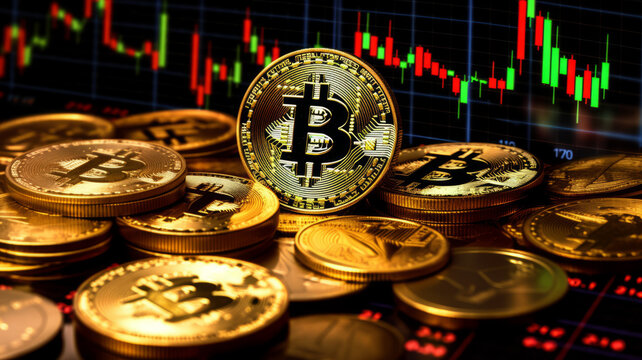 multiple Bitcoin coin on stock market charts diagram,generative ai