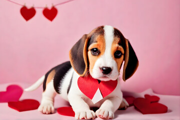 cute Beagle dog puppy with valentine background, red heart and red rose. AI generated