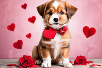 cute dog puppy with valentine background, red heart and red rose. AI generated