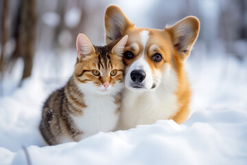 Naklejka na ściany i meble a corgi dog and a striped cat close-up run through the white snow in the winter garden