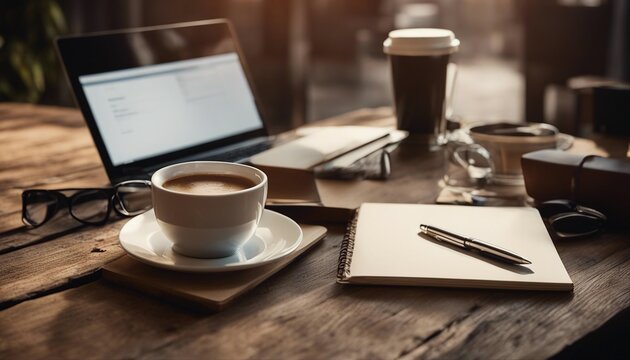 Wooden desk with laptop, notebook, pen and coffee, cozy, winter, work, productive