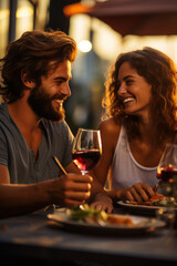 Couple enjoying romantic dinner at restaurant terrace