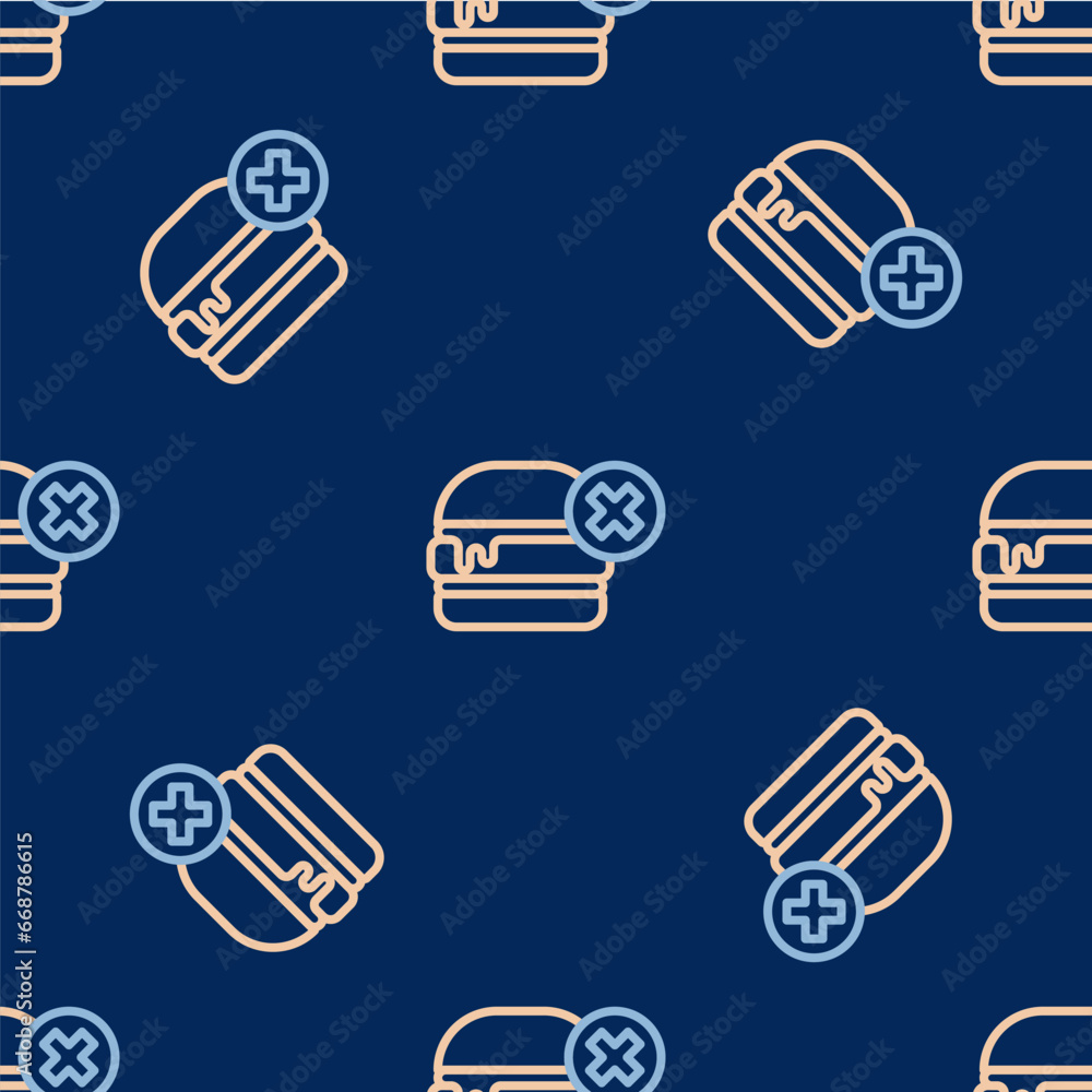 Poster Line No burger icon isolated seamless pattern on blue background. Hamburger icon. Cheeseburger sandwich sign. Fast food menu. Vector