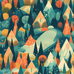 Geometric Autumn: An Abstract Mountain Landscape,seamless pattern with trees and mountains