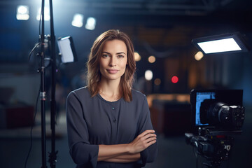 Female worker in an audiovisual company. Young woman in her 30s on television set next to spotlights and video cameras.