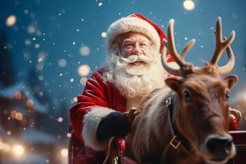 Close-up of Santa Claus flying across the sky on a sleigh and with reindeer. Festive character symbol of Christmas and New Year